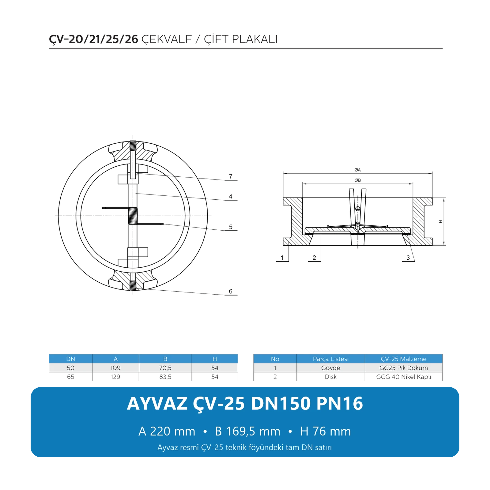 AYVAZ ÇV-25 DN150 PN16 ÇİFT KLAPELİ ÇEK VALF