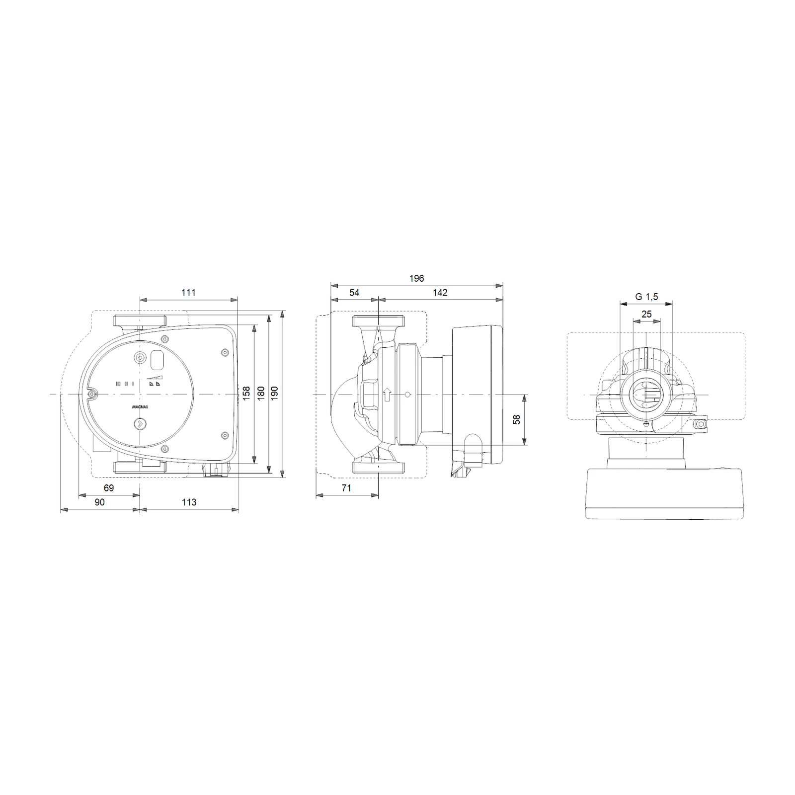 GRUNDFOS MAGNA1 25-120 180 1x230V PN10 FREKANS KONTROLLÜ ISLAK ROTORLU in-line SİRKÜLASYON POMPASI