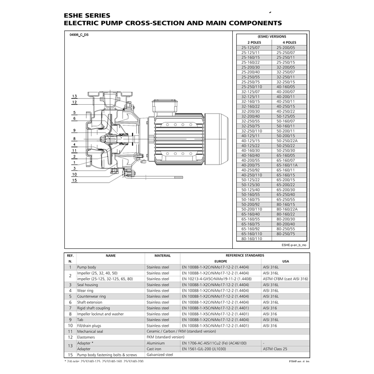 LOWARA ESHE 50-125/40/P25VSSA 4 kW AISI316L Yakın Kaplinli Uzatılmış Milli Yatay Santrifüj Pompa