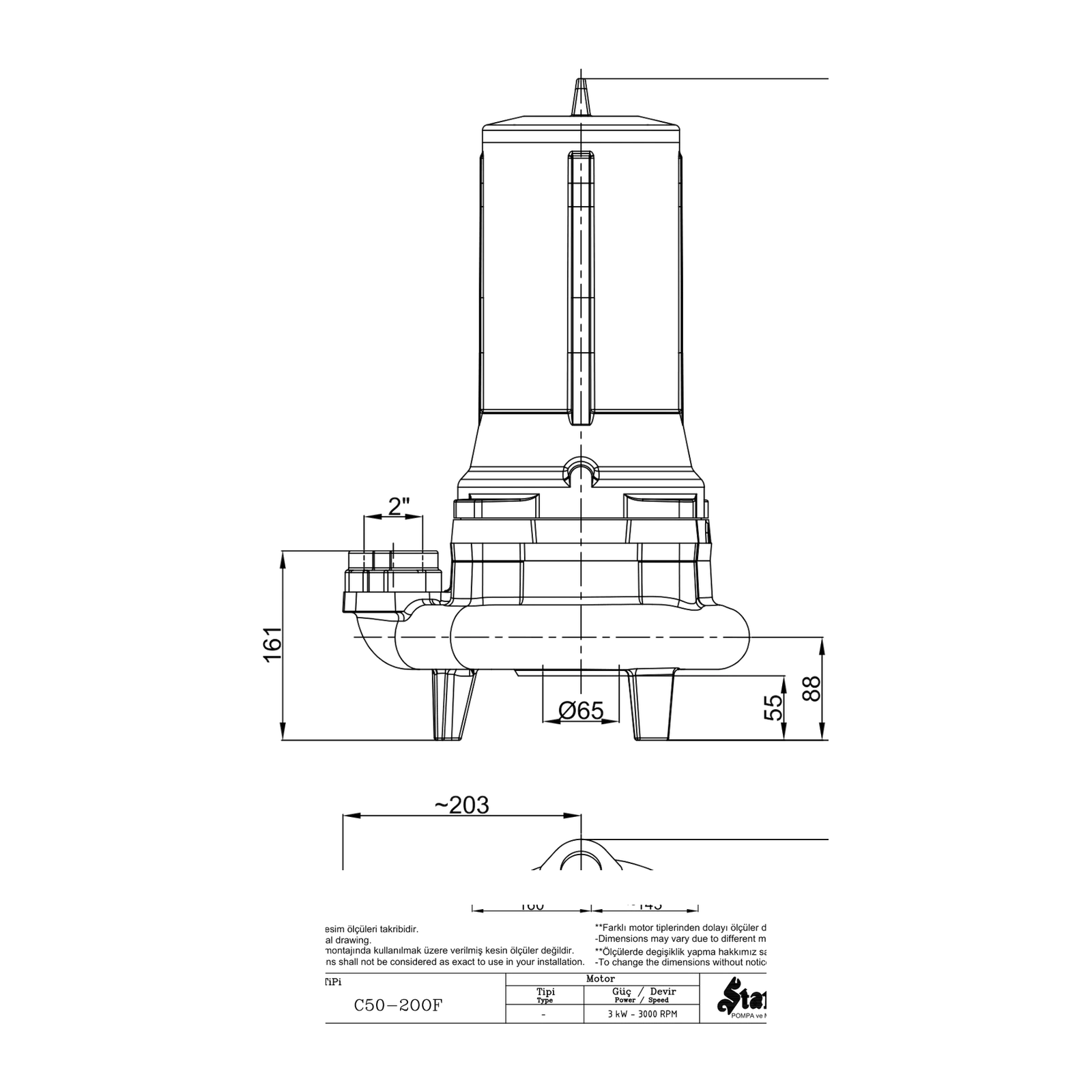 STANDART C 50-200 F 158.2 3 kW Parçalayıcı Bıçaklı Dalgıç Pompa
