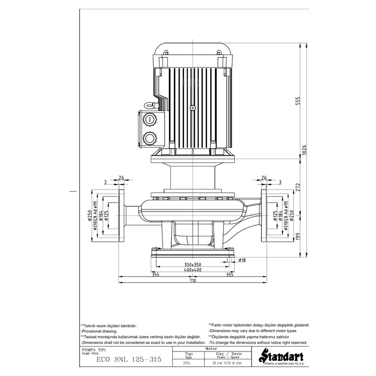 STANDART ECO SNL 125-315 30 kW 1450 d/d Monoblok İn-line Santrifüj Pompa