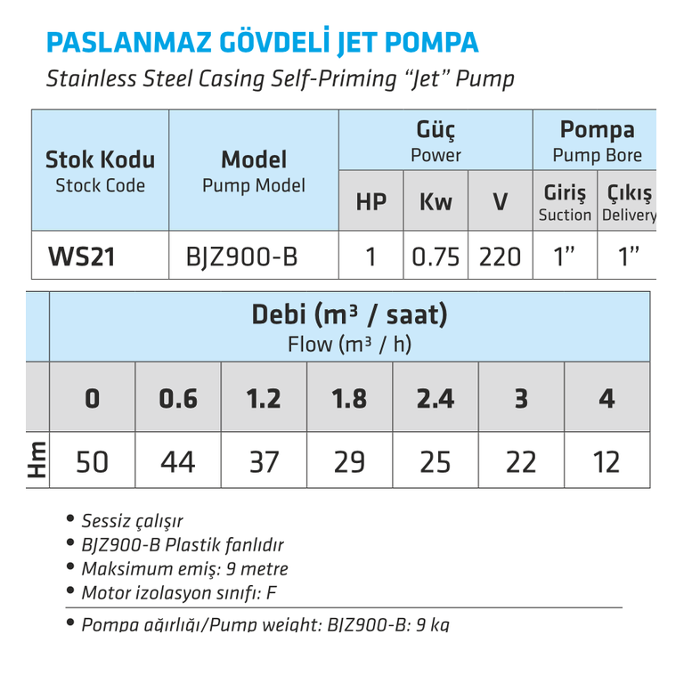 WATER SOUND WS21 BJZ900-B 0,75 kW 220 V Paslanmaz Gövdeli Kendinden Emişli Jet Pompa